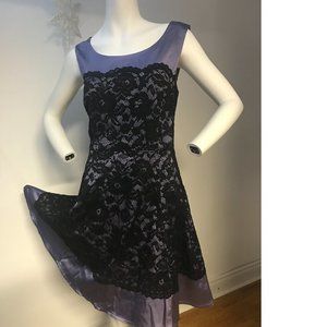 Le Chateau Purple Lilac Black Floral Lace Skater Wedding Cocktail Disco dress
